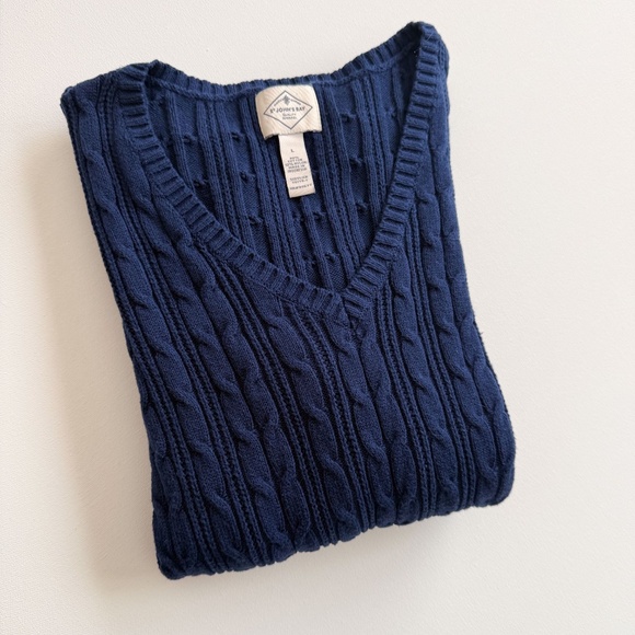St. Johns Bay Cable Knit Sweater Large Navy Tennis Prep Old Money Academia - Picture 6 of 12